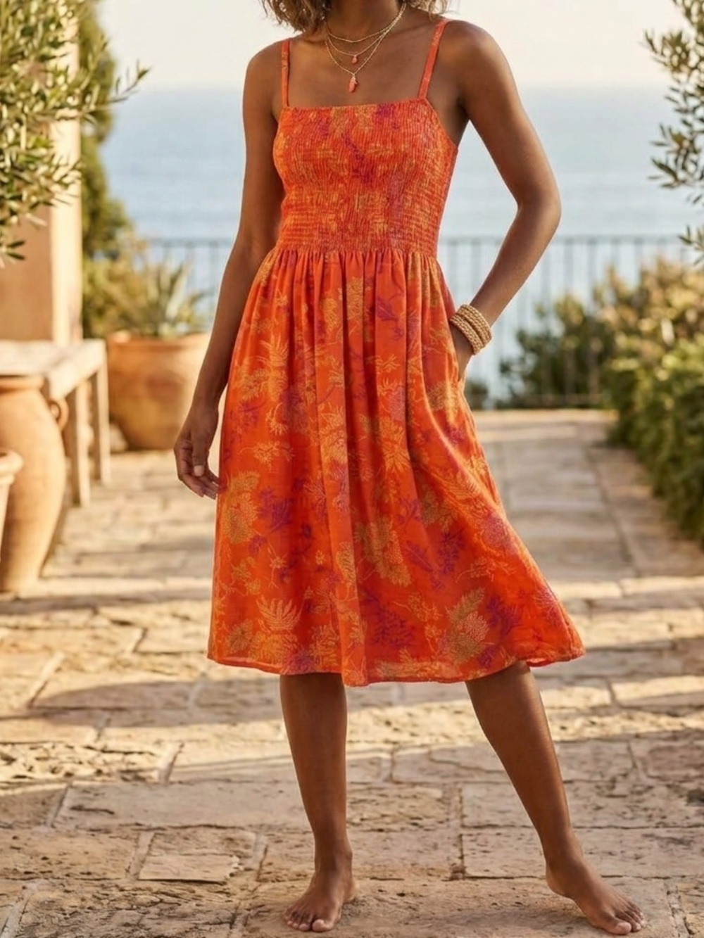 Universal Thread Line Blend Smocked Mini Sundress Vibrant Floral Orange & Purple